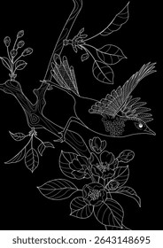 Art therapy coloring page. Coloring book antistress for children and adults. Birds and a blossoming plum tree. Ideal for those who want to feel more connected to nature.
