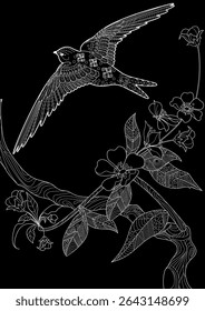 Art therapy coloring page. Coloring book antistress for children and adults. Birds and flowers hand drawn in vintage style . Ideal for those who want to feel more connected to nature.
