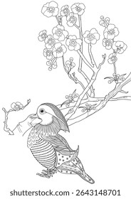 Art therapy coloring page. Coloring book antistress for children and adults. Birds and a blossoming plum tree. Ideal for those who want to feel more connected to nature.
