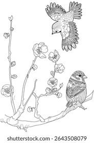 Art therapy coloring page. Coloring book antistress for children and adults. Birds and a blossoming plum tree. Ideal for those who want to feel more connected to nature.
