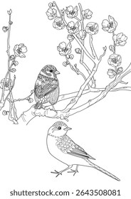 Art therapy coloring page. Coloring book antistress for children and adults. Birds and a blossoming plum tree. Ideal for those who want to feel more connected to nature.
