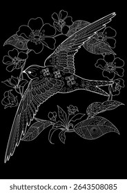 Art therapy coloring page. Coloring book antistress for children and adults. Birds and flowers hand drawn in vintage style . Ideal for those who want to feel more connected to nature.
