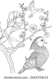 Art therapy coloring page. Coloring book antistress for children and adults. Birds and a blossoming plum tree. Ideal for those who want to feel more connected to nature.
