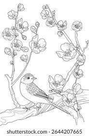 Art therapy coloring page. Coloring book antistress for children and adults. Birds and a blossoming plum tree. Ideal for those who want to feel more connected to nature.