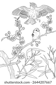 Art therapy coloring page. Coloring book antistress for children and adults. Birds and a blossoming plum tree. Ideal for those who want to feel more connected to nature.