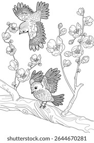 Art therapy coloring page. Coloring book antistress for children and adults. Birds and a blossoming plum tree. Ideal for those who want to feel more connected to nature.
