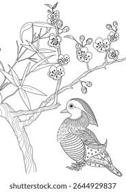 Art therapy coloring page. Coloring book antistress for children and adults. Birds and a blossoming plum tree. Ideal for those who want to feel more connected to nature.