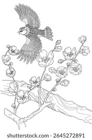 Art therapy coloring page. Coloring book antistress for children and adults. Birds and a blossoming plum tree. Ideal for those who want to feel more connected to nature.