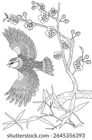 Art therapy coloring page. Coloring book antistress for children and adults. Birds and a blossoming plum tree. Ideal for those who want to feel more connected to nature.