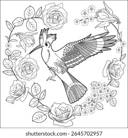 Art therapy coloring page. Coloring book antistress for children and adults. Birds and flowers hand drawn in vintage style . Ideal for those who want to feel more connected to nature.
