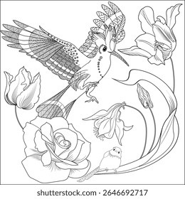 Art therapy coloring page. Coloring book antistress for children and adults. Birds and flowers hand drawn in vintage style . Ideal for those who want to feel more connected to nature.
