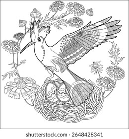 Art therapy coloring page. Coloring book antistress for children and adults. Birds and flowers hand drawn in vintage style . Ideal for those who want to feel more connected to nature.
