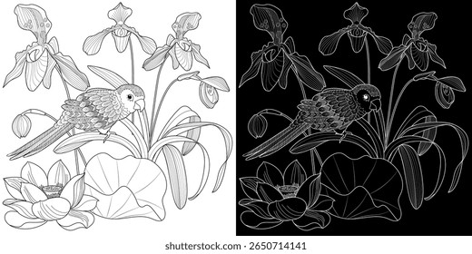 Art therapy coloring page. Coloring book antistress for children and adults. Birds and flowers hand drawn in vintage style . Ideal for those who want to feel more connected to nature.