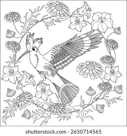 Art therapy coloring page. Coloring book antistress for children and adults. Birds and flowers hand drawn in vintage style . Ideal for those who want to feel more connected to nature.
