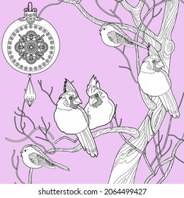 Art therapy coloring page. Cardinal birds for coloring. Decorative round ornament. Anti-stress therapy scheme. Weaving design element.