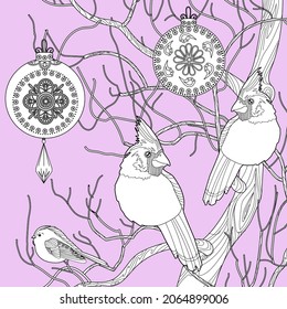 Art therapy coloring page. Cardinal birds for coloring. Decorative round ornament. Anti-stress therapy scheme. Weaving design element.