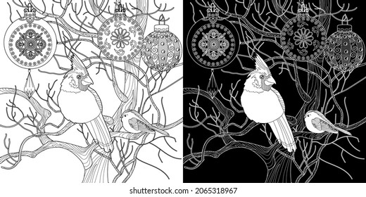 Art therapy coloring page. Cardinal birds and Christmas balls on the tree. Anti-stress therapy scheme. Cute Christmas background for wallpaper, gift paper, pattern fills, textile, greetings cards.