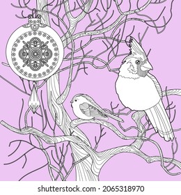 Art therapy coloring page. Cardinal birds and Christmas balls on the tree. Anti-stress therapy scheme. Cute Christmas background for wallpaper, gift paper, pattern fills, textile, greetings cards.