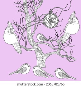 Art therapy coloring page. Cardinal birds and Christmas balls on the tree. Anti-stress therapy scheme. Cute Christmas background for wallpaper, gift paper, pattern fills, textile, greetings cards.