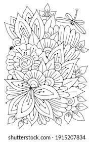 Art therapy coloring page for children and adults. Illustration with abstract flowers. Black-white background for coloring, printing on fabric or paper.