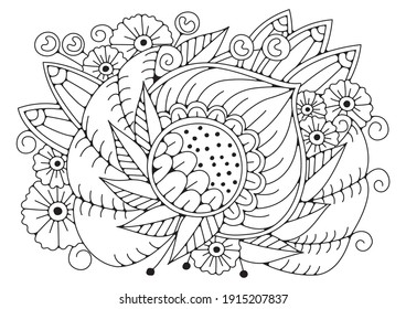 Art therapy coloring page for children and adults. Illustration with abstract flowers. Black-white background for coloring, printing on fabric or paper.