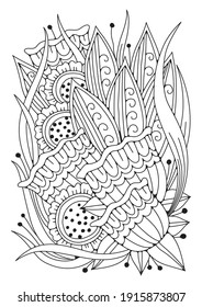 Art therapy coloring page for children and adults. Illustration with abstract flowers. Black-white background for coloring, printing on fabric or paper.