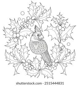 Art therapy coloring page. Christmas bouquet with red birds, poinsettia, fir branches, holly and berries. Coloring book antistress for children and adults.