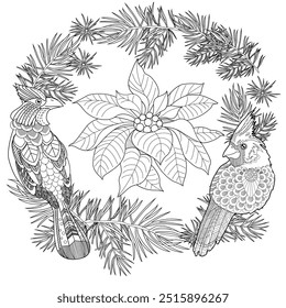Art therapy coloring page. Christmas bouquet with red birds, poinsettia, fir branches, holly and berries. Coloring book antistress for children and adults.