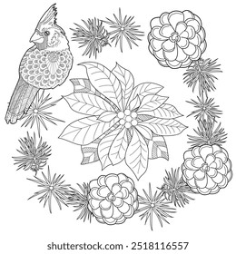 Art therapy coloring page. Christmas bouquet with red birds, poinsettia, fir branches, holly and berries. Coloring book antistress for children and adults.