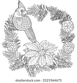 Art therapy coloring page. Christmas bouquet with red birds, poinsettia, fir branches, holly and berries. Coloring book antistress for children and adults.