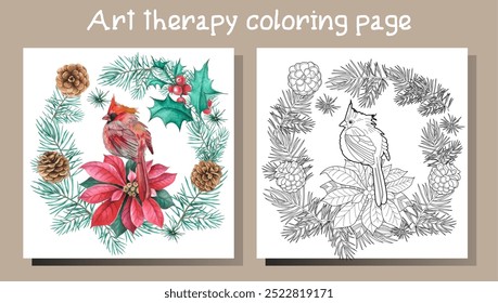 Art therapy coloring page. Christmas bouquet with red birds, poinsettia, fir branches, holly and berries.