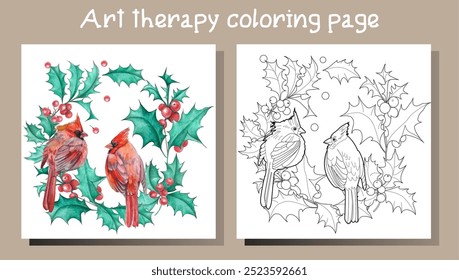 Art therapy coloring page. Christmas bouquet with red birds, poinsettia, fir branches, holly and berries.