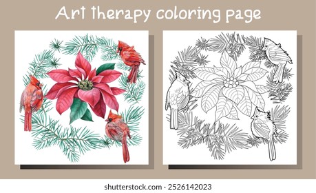 Art therapy coloring page. Christmas bouquet with red birds, poinsettia, fir branches, holly and berries. Coloring book antistress for children and adults.
