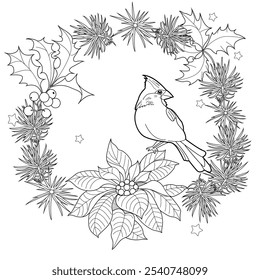 Art therapy coloring page. Christmas bouquet with red birds, poinsettia, fir branches, holly and berries. Coloring book antistress for children and adults.
