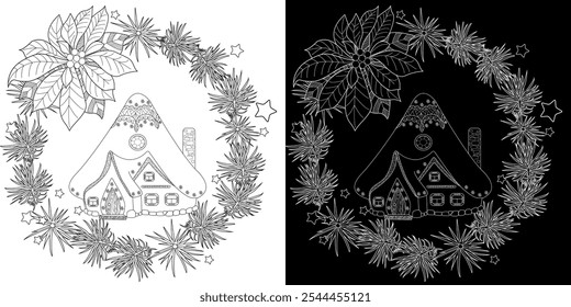 Art therapy coloring page. Christmas bouquet with haus. Coloring book antistress for children and adults.
