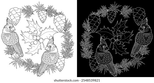 Kunsttherapie Malvorlage. Weihnachtsstrauß mit roten Vögeln, Poinsettia, Tannenzweigen, Heiligenschein und Beeren. Malbuch Antistress für Kinder und Erwachsene.
