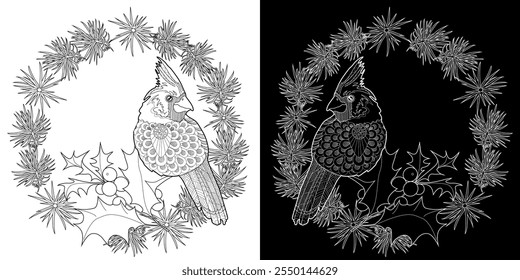 Art therapy coloring page. Christmas bouquet with red birds, poinsettia, fir branches, holly and berries. Coloring book antistress for children and adults.
