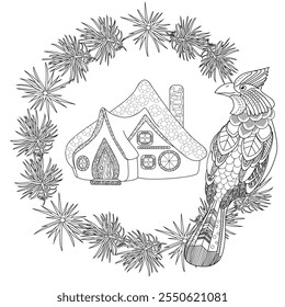 Art therapy coloring page. Christmas bouquet with birds, house. Coloring book antistress for children and adults.
