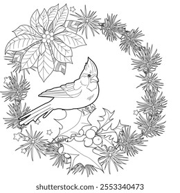 Art therapy coloring page. Christmas bouquet with red birds, poinsettia, fir branches, holly and berries. Coloring book antistress for children and adults.