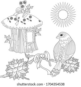 Art therapy coloring page. Colouring pictures with birdhouse. Antistress freehand sketch drawing with doodle and zentangle elements.