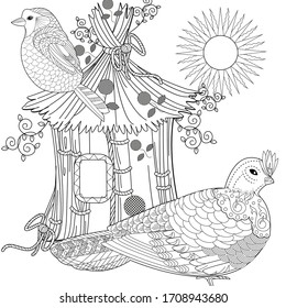 Art therapy coloring page. Colouring pictures with birds and birdhouse. Antistress freehand sketch drawing with doodle and zentangle elements.