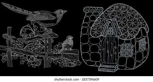 Art therapy coloring page. Colouring pictures with birds and house. Antistress freehand sketch drawing with doodle and zentangle elements.