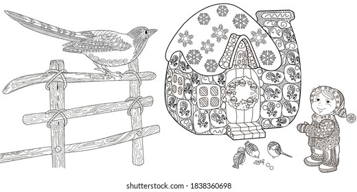 Art therapy coloring page. Colouring pictures with birds and house. Antistress freehand sketch drawing with doodle and zentangle elements.