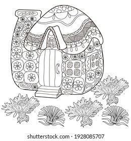 Art therapy coloring page. Colouring pictures with house. Linear engraved art. Romantic concept. Antistress freehand sketch drawing with doodle and zentangle elements.