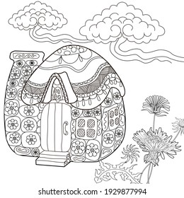 Art therapy coloring page. Colouring pictures with house. Linear engraved art. Romantic concept. Antistress freehand sketch drawing with doodle and zentangle elements.