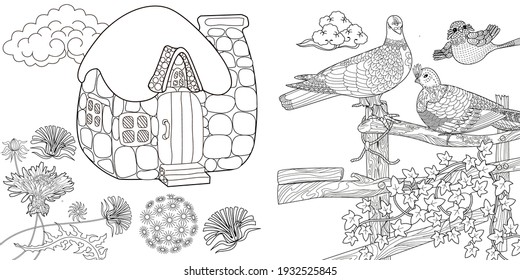 Art therapy coloring page. Colouring pictures with house. Linear engraved art. Romantic concept. Antistress freehand sketch drawing with doodle and zentangle elements.