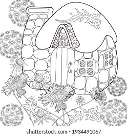 Art therapy coloring page. Colouring pictures with house. Linear engraved art. Romantic concept. Antistress freehand sketch drawing with doodle and zentangle elements.
