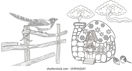 Art therapy coloring page. Colouring pictures with house. Linear engraved art. Romantic concept. Antistress freehand sketch drawing with doodle and zentangle elements.