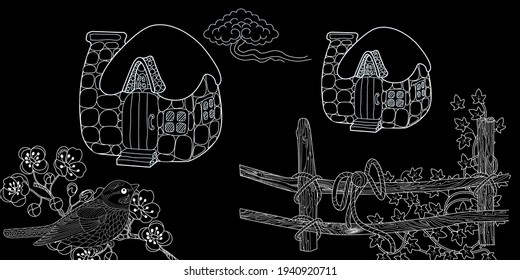 Art therapy coloring page. Colouring pictures with house. Linear engraved art. Romantic concept. Antistress freehand sketch drawing with doodle and zentangle elements.