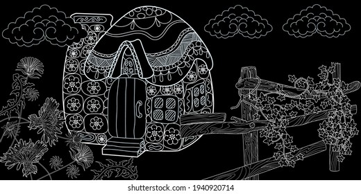 Art therapy coloring page. Colouring pictures with house. Linear engraved art. Romantic concept. Antistress freehand sketch drawing with doodle and zentangle elements.